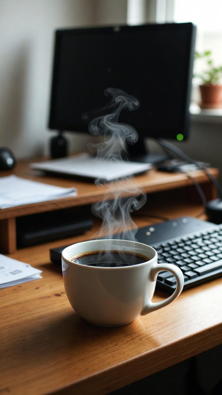 Steaming Coffee Cup on Wooden Desk Steaming Coffee Cup on Wooden Desk