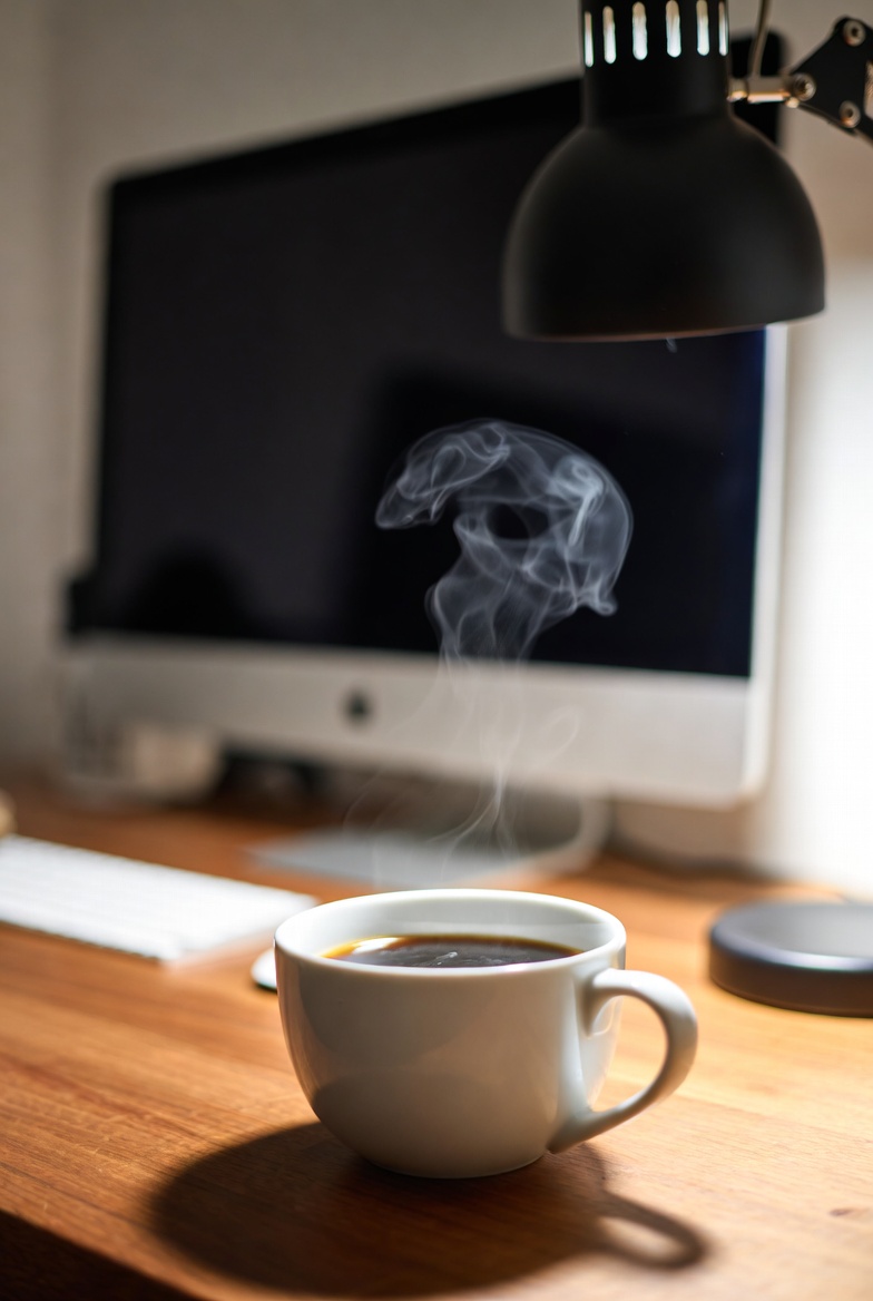 Steaming Coffee Cup on Wooden Desk Steaming Coffee Cup on Wooden Desk