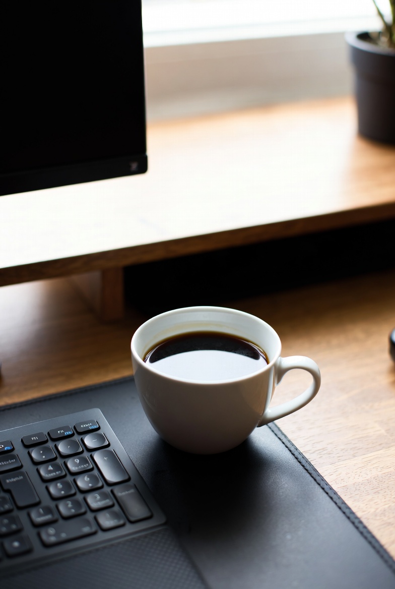White mug of coffee on desk White mug of coffee on desk