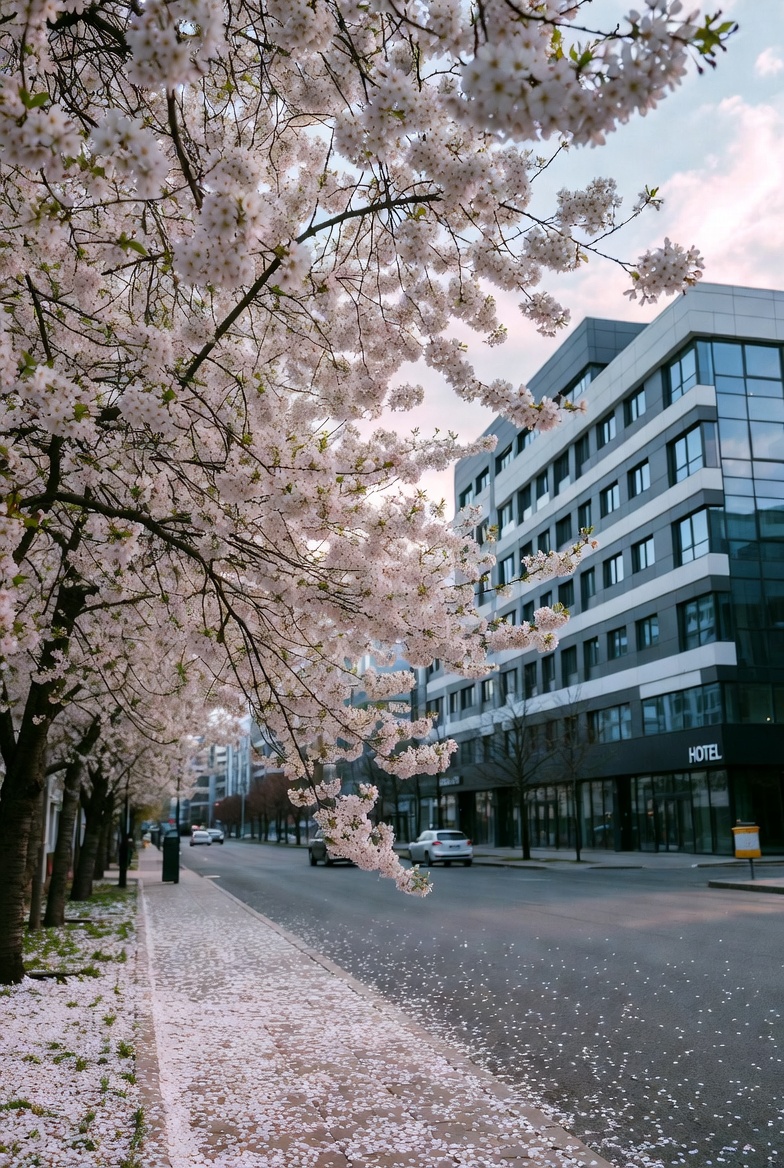 Cherry Blossoms Framing Modern Hotel Building Cherry Blossoms Framing Modern Hotel Building