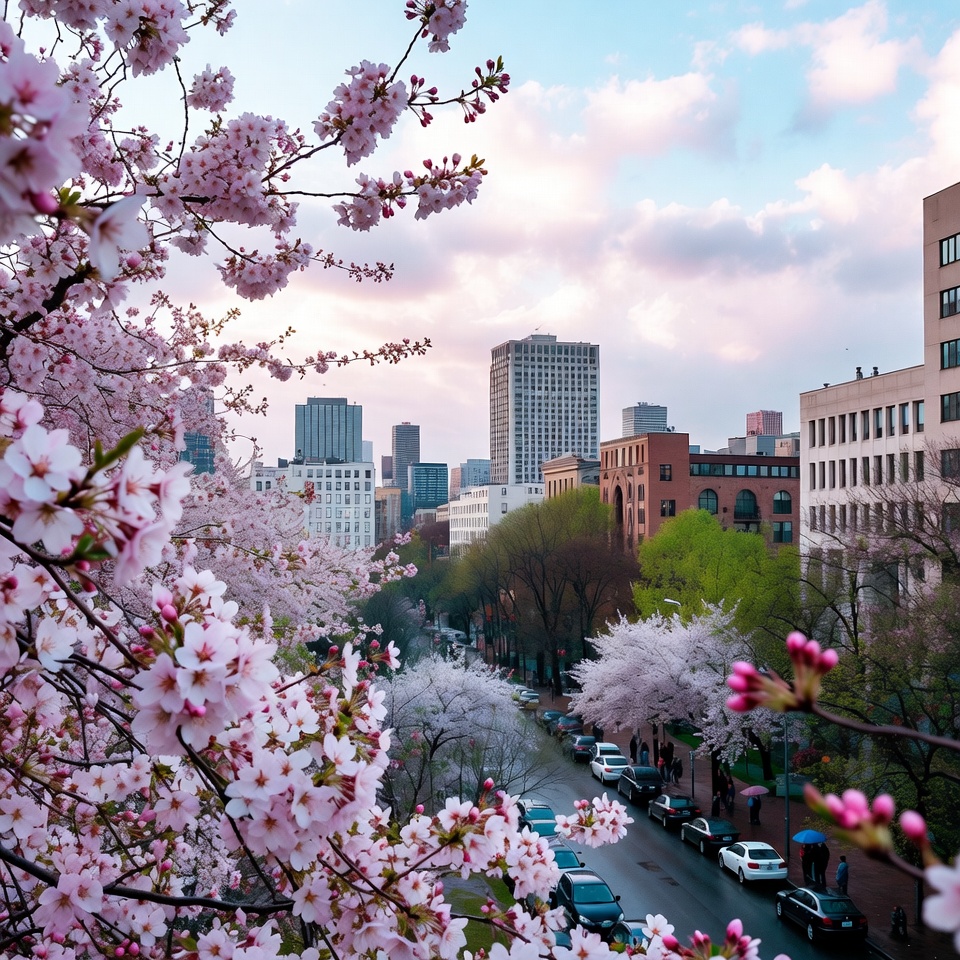 Cherry Blossoms Over City Street Cherry Blossoms Over City Street