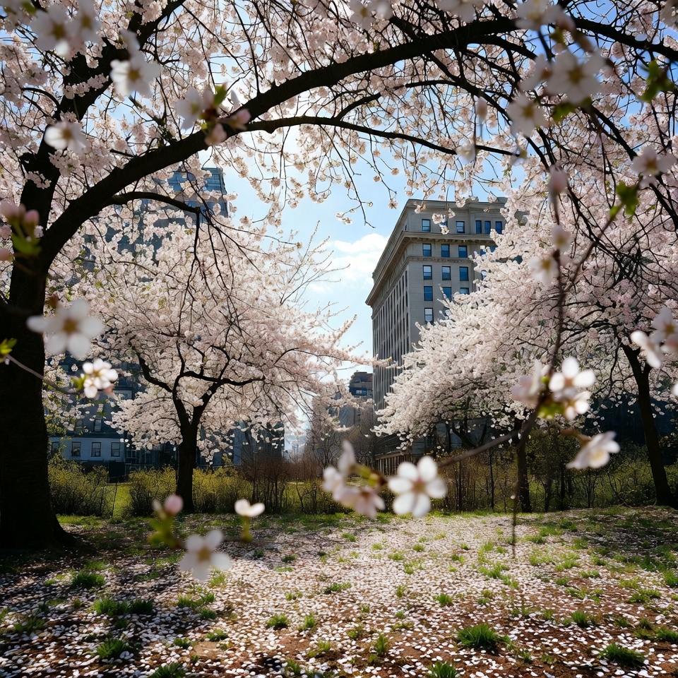 Cherry Blossoms Framing City Buildings Cherry Blossoms Framing City Buildings
