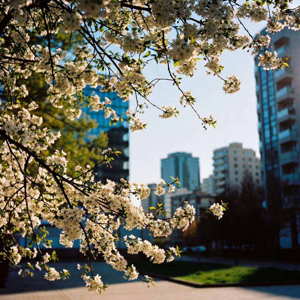 Cherry blossoms with city buildings Cherry blossoms with city buildings