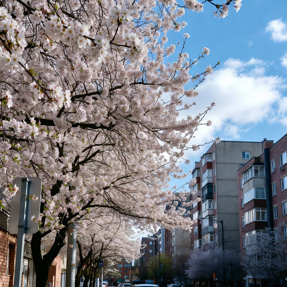 Cherry Blossom Trees by Urban Buildings Cherry Blossom Trees by Urban Buildings
