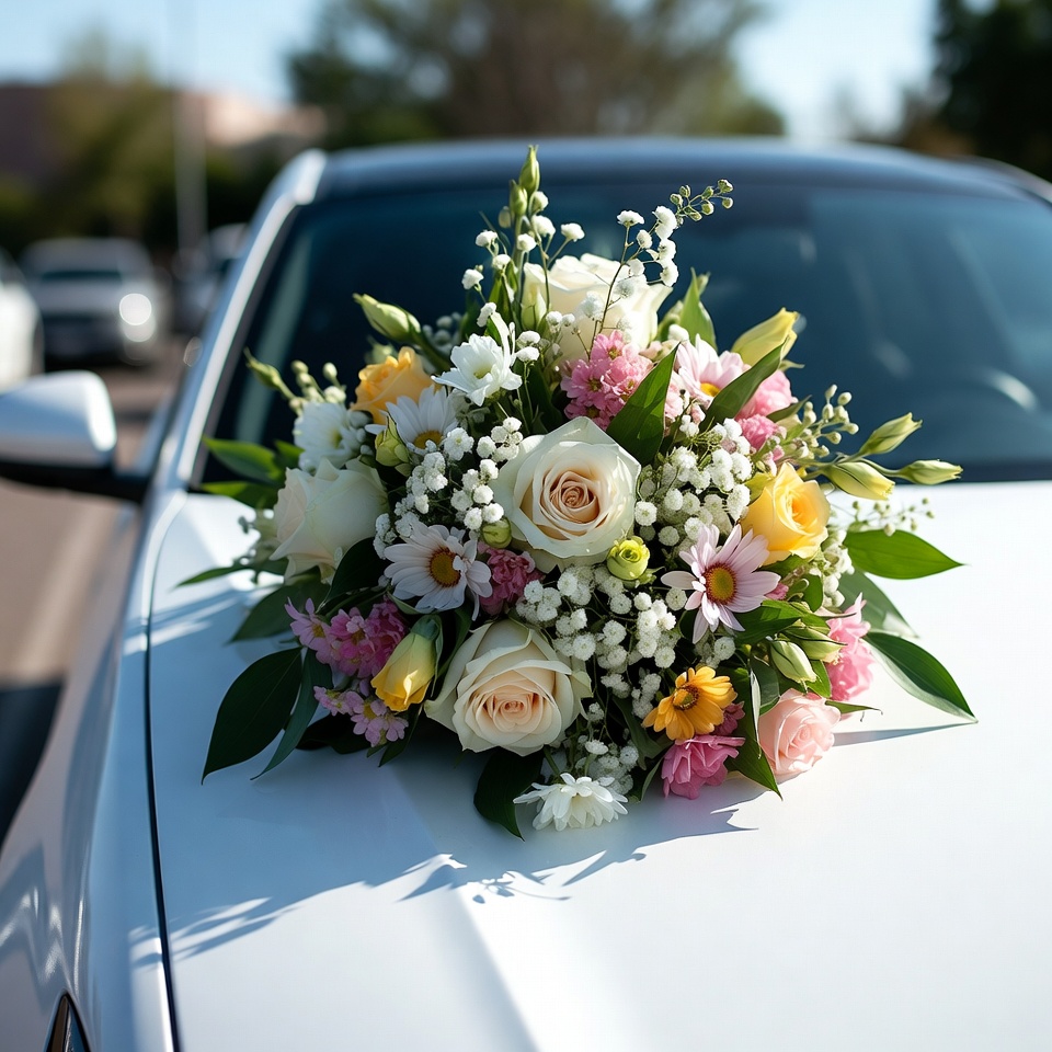 Wedding Flower Bouquet on White Car Wedding Flower Bouquet on White Car