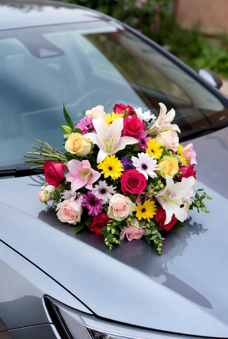 Colorful Wedding Bouquet on Car Hood Colorful Wedding Bouquet on Car Hood