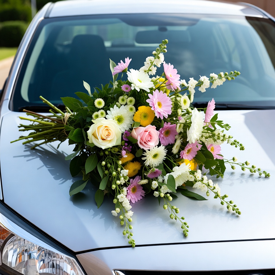 Colorful bouquet on silver car hood Colorful bouquet on silver car hood