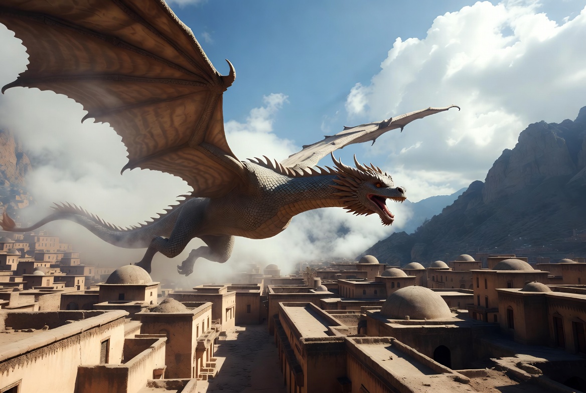 Dragon Flying Over Desert Village Dragon Flying Over Desert Village