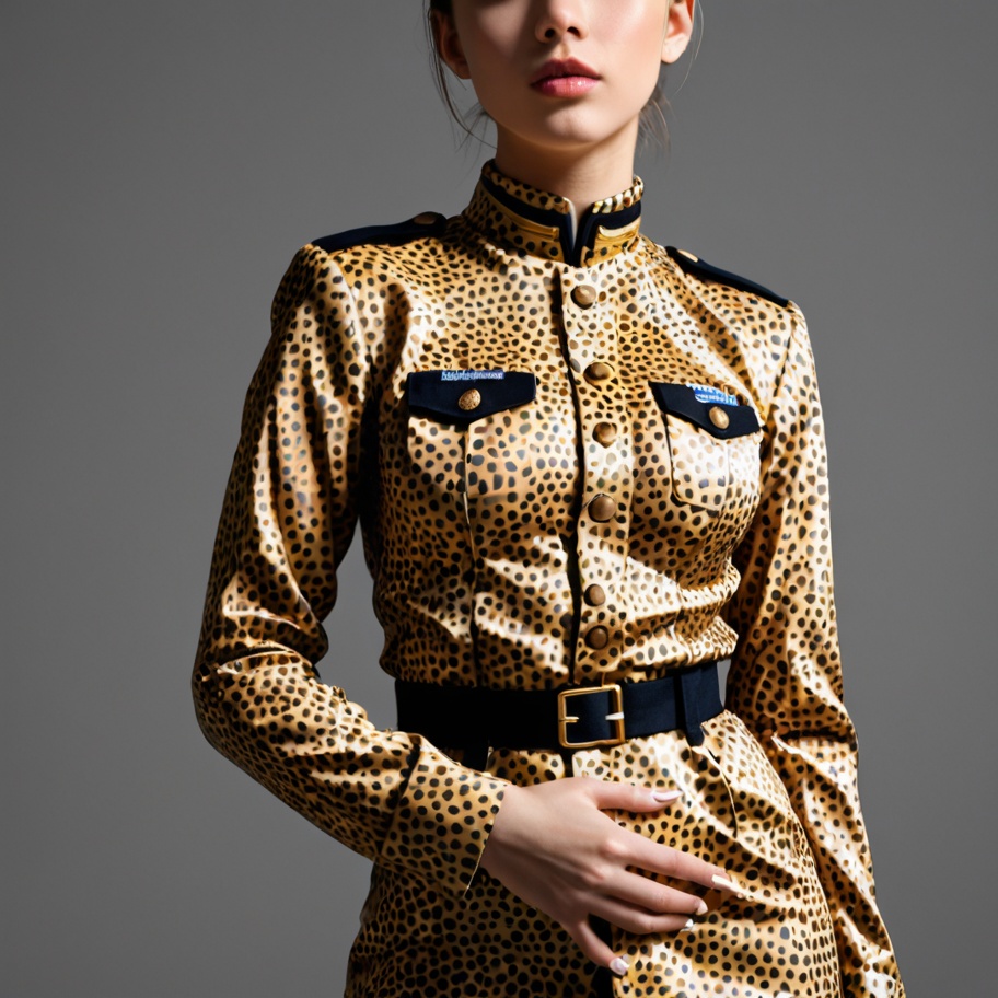 Asian woman in gold leopard military jacket Asian woman in gold leopard military jacket