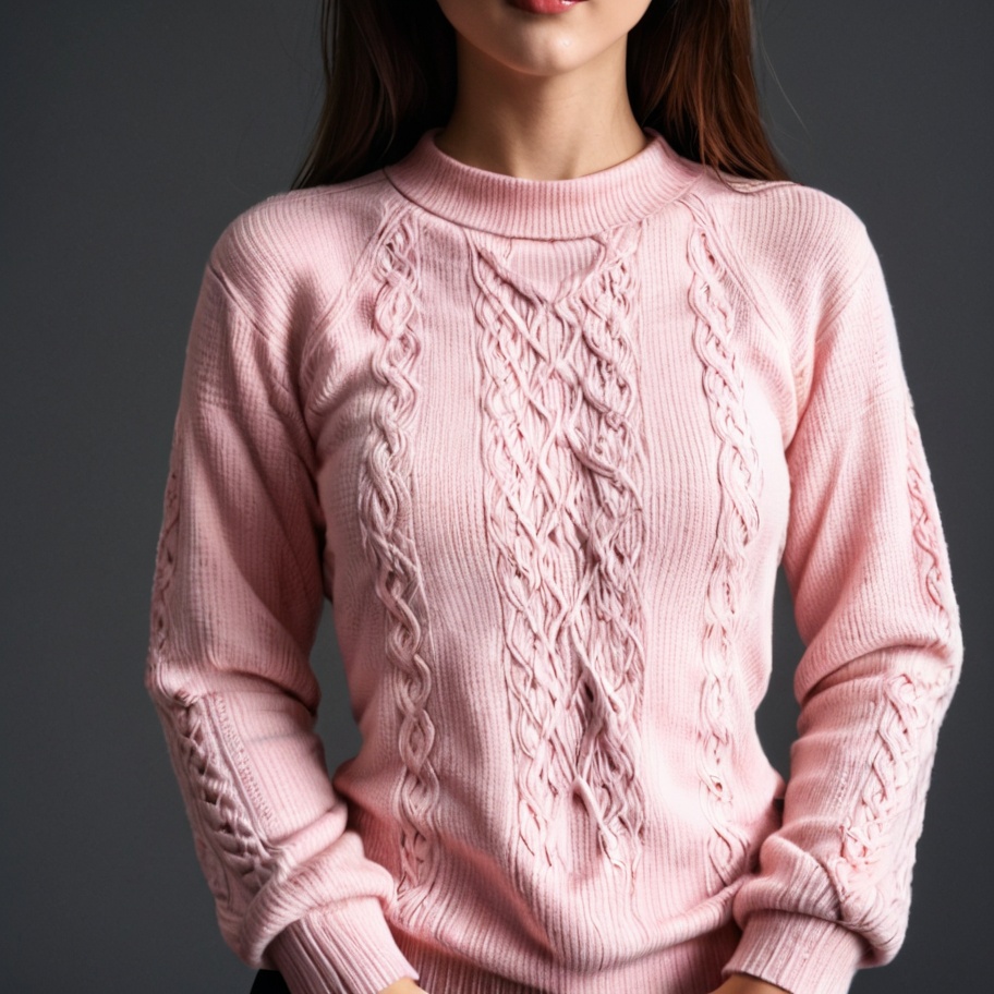 Asian woman in pink cable knit sweater Asian woman in pink cable knit sweater