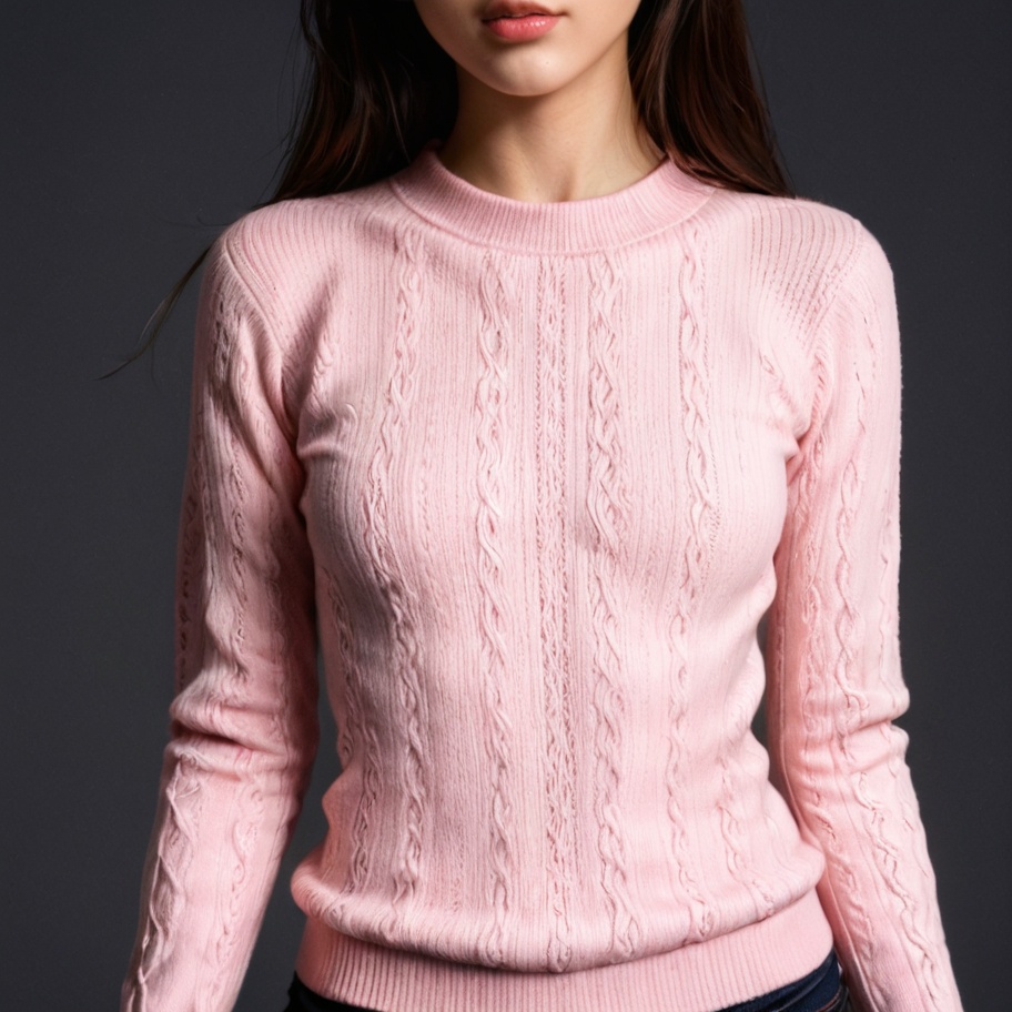 Asian woman in pink cable knit sweater Asian woman in pink cable knit sweater