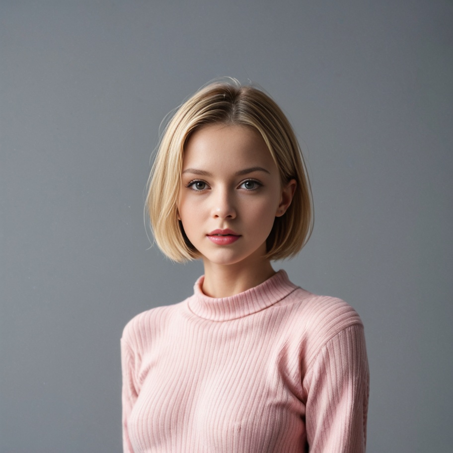 Blonde woman in pink turtleneck Blonde woman in pink turtleneck