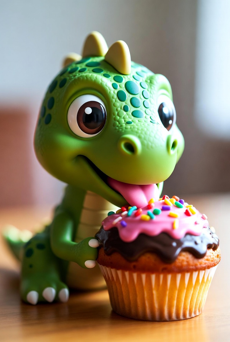 Cute green dinosaur eating cupcake Cute green dinosaur eating cupcake