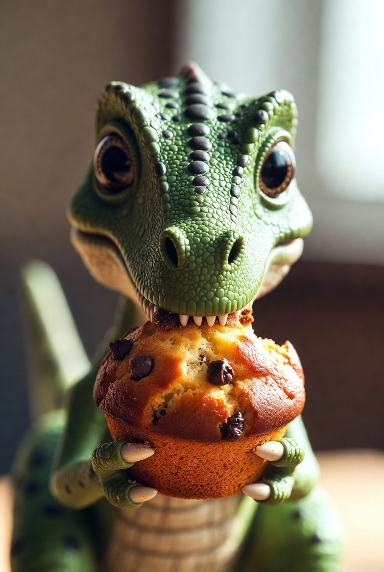 Cute green dinosaur eating muffin Cute green dinosaur eating muffin