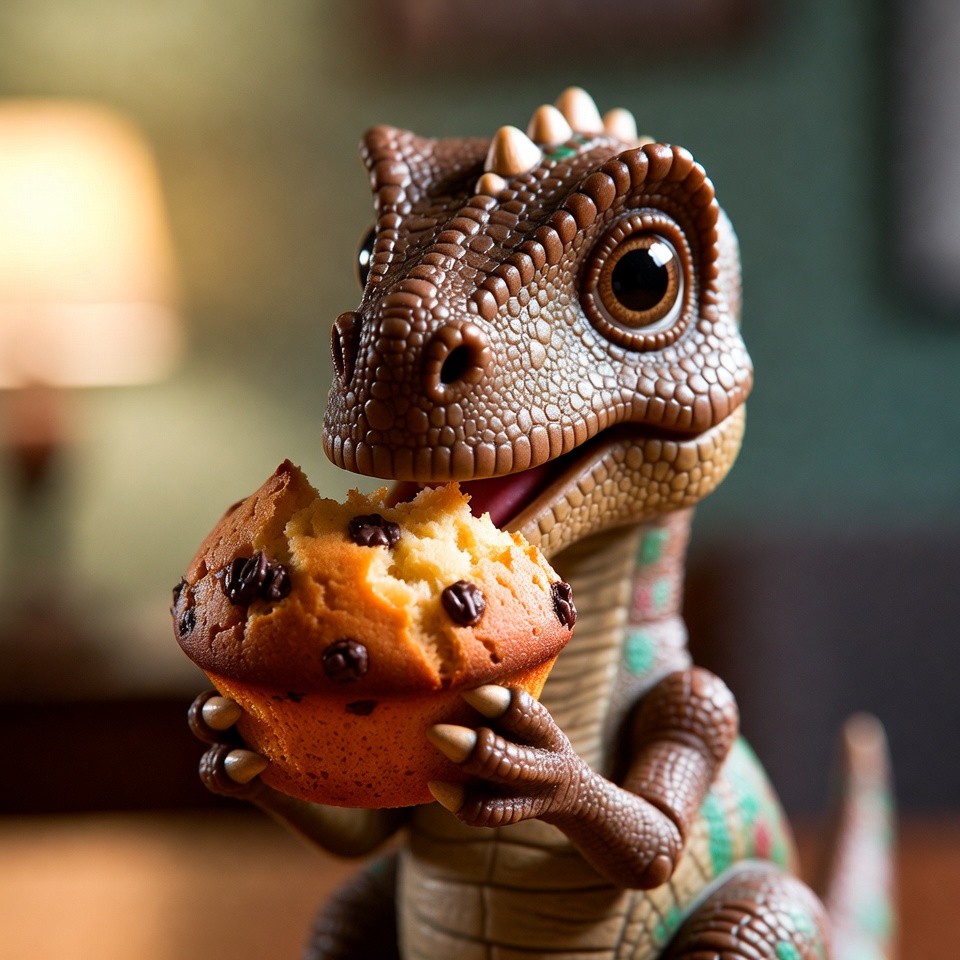 Baby dinosaur eating muffin Baby dinosaur eating muffin