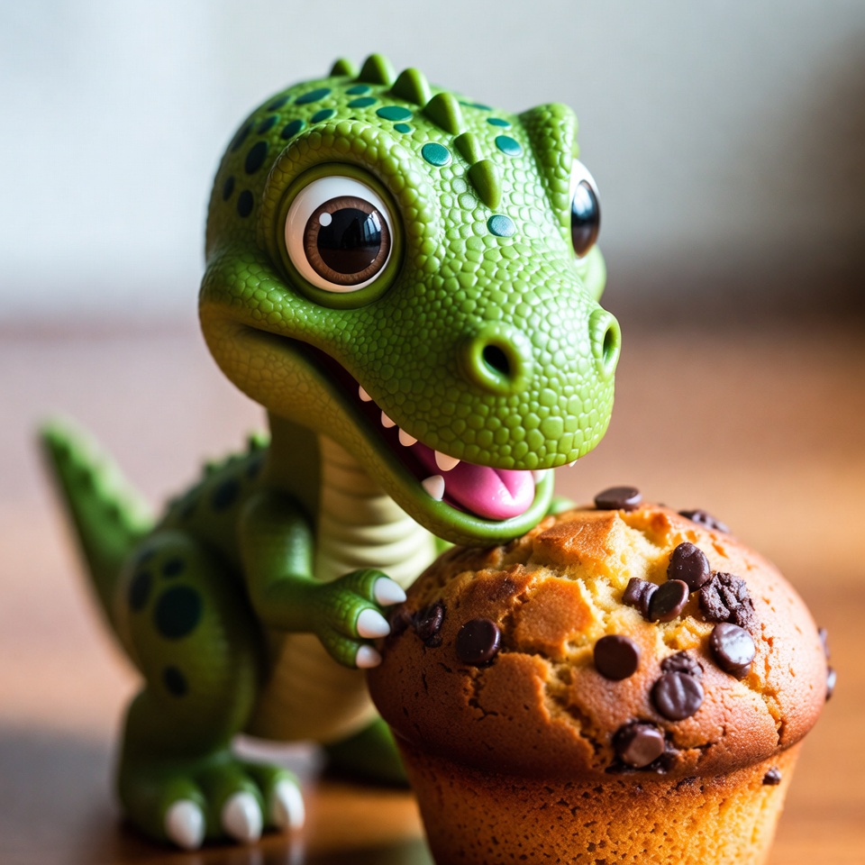 Cute green T-Rex toy holding muffin Cute green T-Rex toy holding muffin