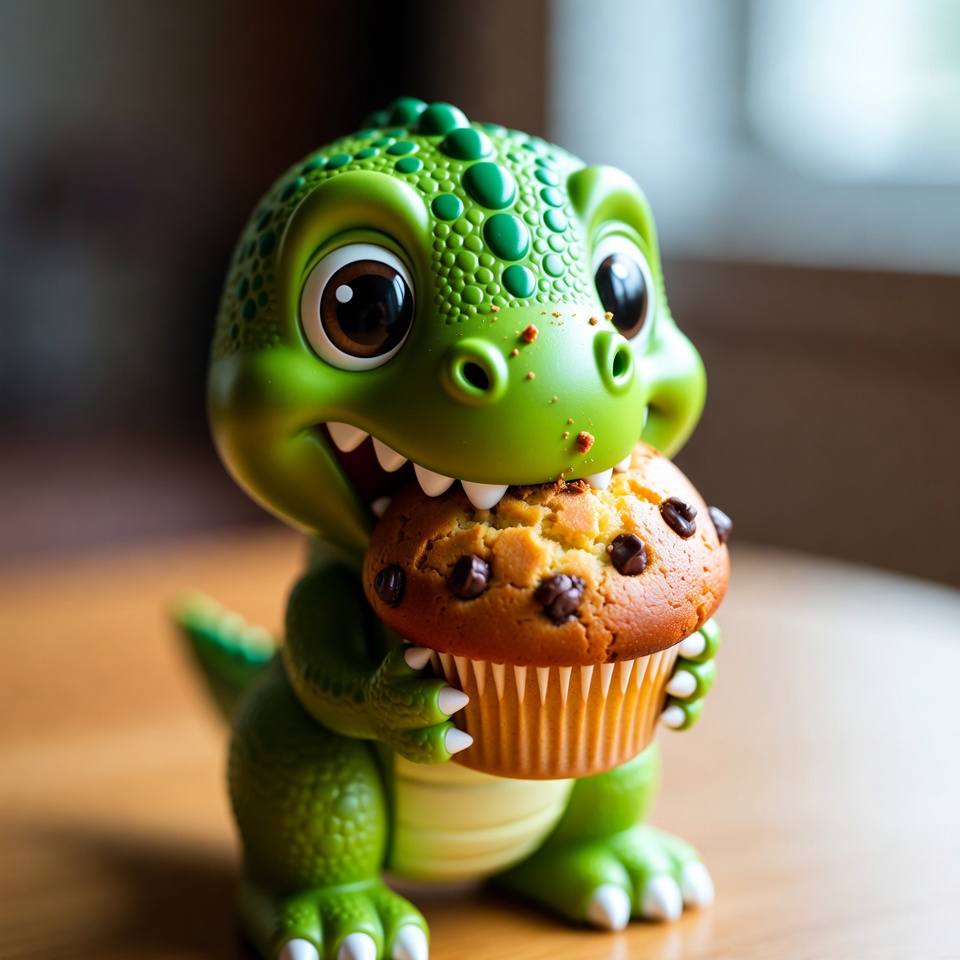 Cute green dinosaur eating muffin Cute green dinosaur eating muffin