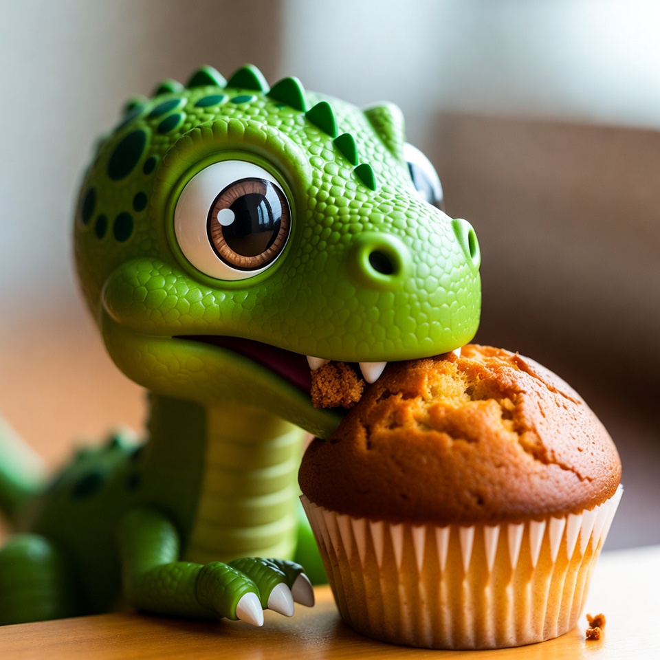 Cute green dinosaur eating muffin Cute green dinosaur eating muffin