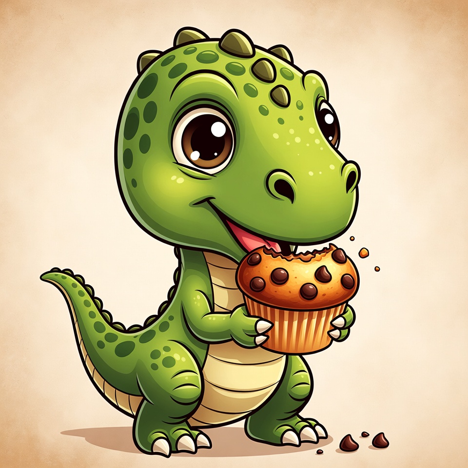 Cute baby dinosaur eating cupcake Cute baby dinosaur eating cupcake