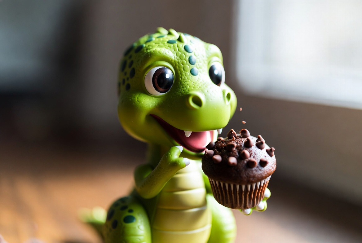 Cute green dinosaur eating cupcake Cute green dinosaur eating cupcake