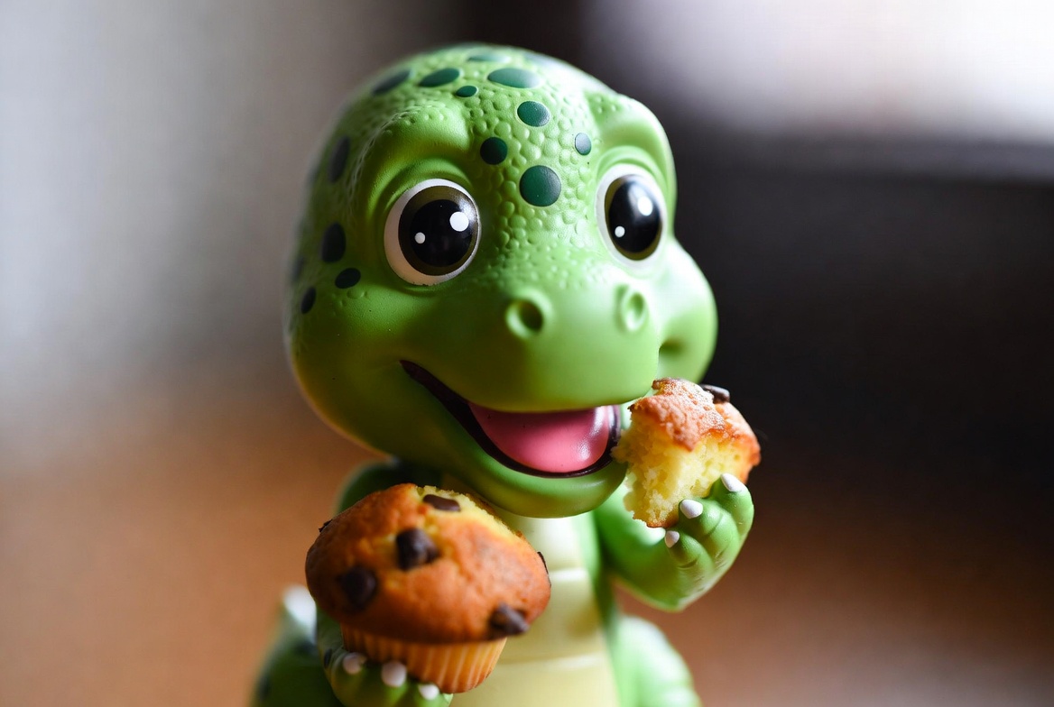 Cute green dinosaur eating muffin Cute green dinosaur eating muffin