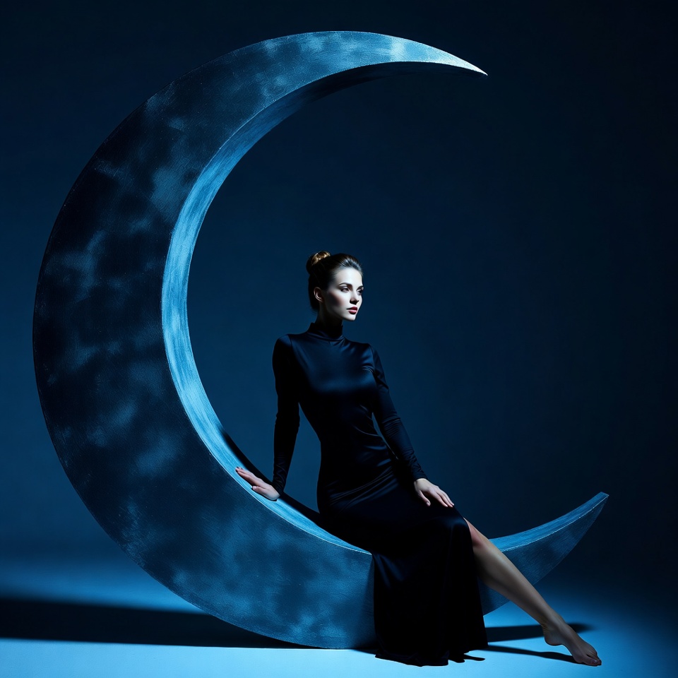 Woman sitting on giant moon Woman sitting on giant moon