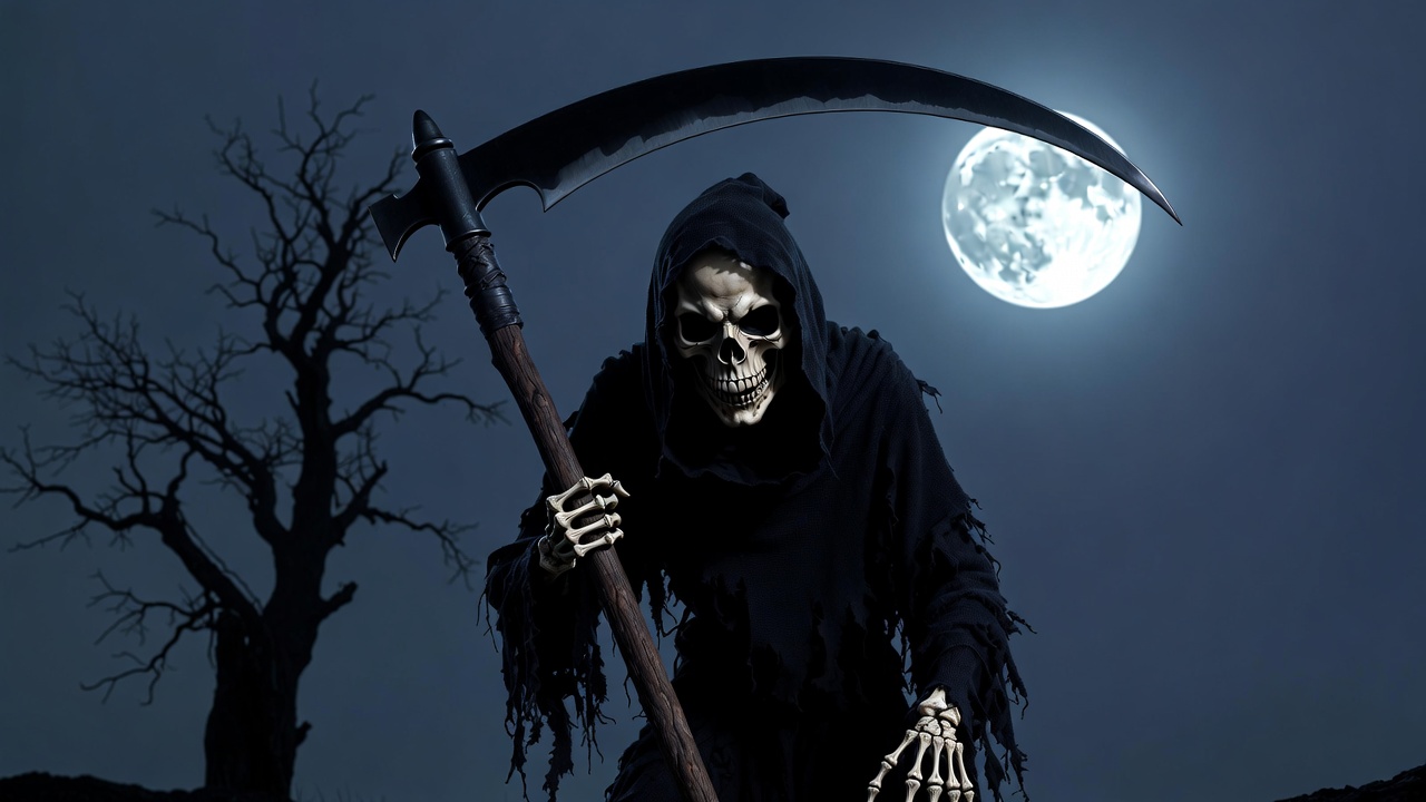 Grim Reaper with scythe under moonlight Grim Reaper with scythe under moonlight