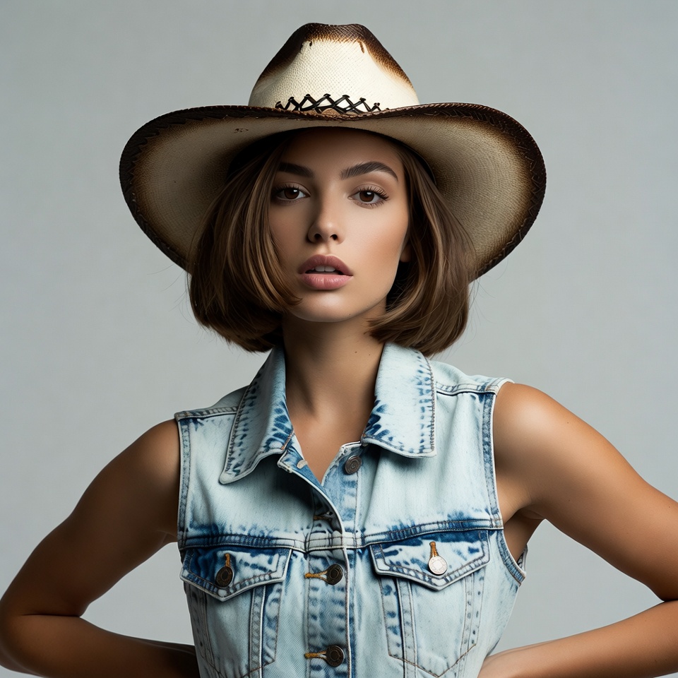 Woman in cowboy hat and denim vest Woman in cowboy hat and denim vest
