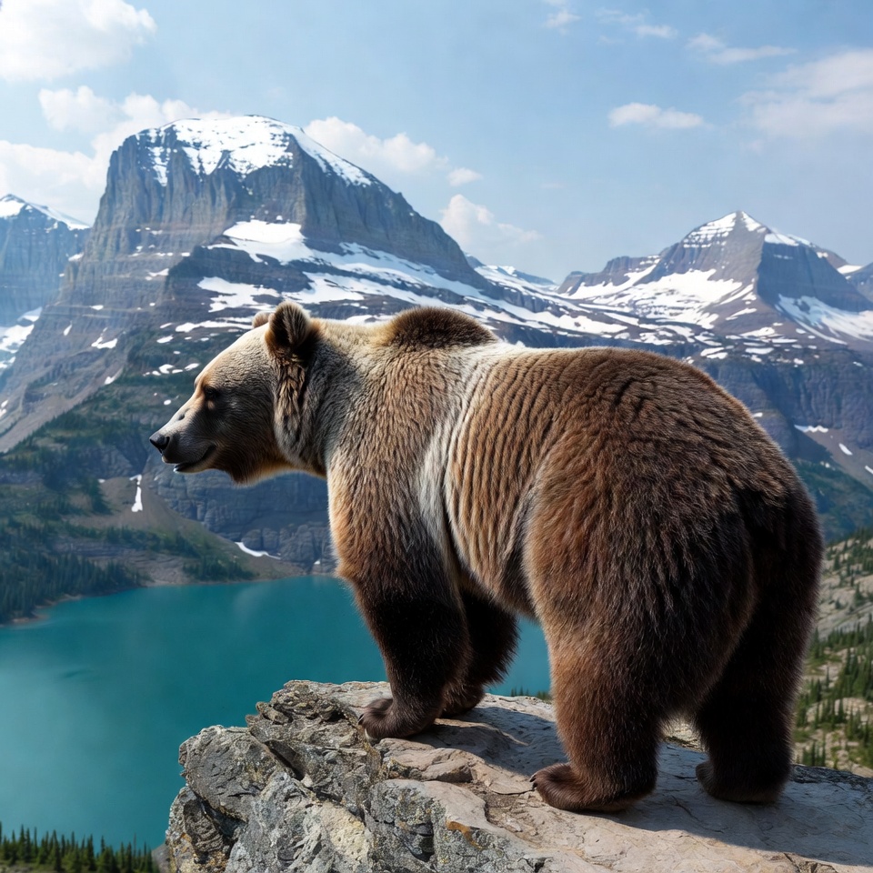 Grizzly Bear Overlooking Turquoise Lake Mountains Grizzly Bear Overlooking Turquoise Lake Mountains