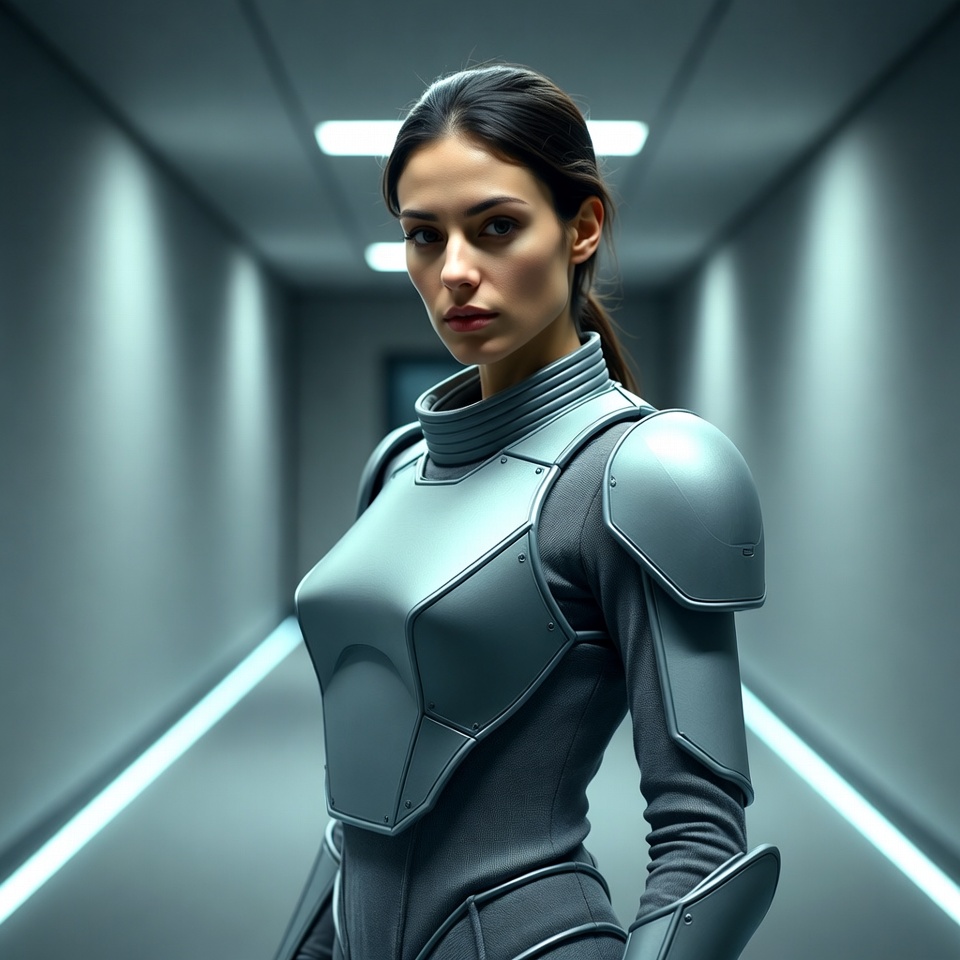 Woman in silver sci-fi armor suit Woman in silver sci-fi armor suit