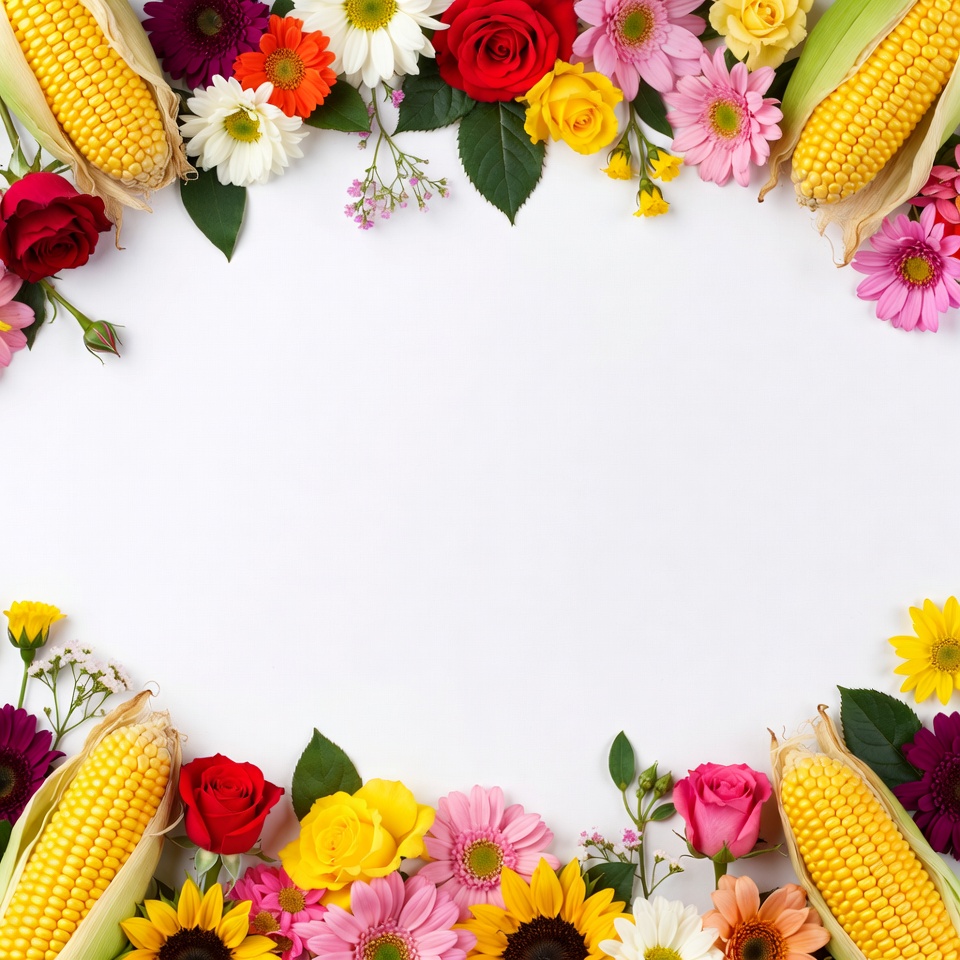 Corn and Flowers Border on White Corn and Flowers Border on White