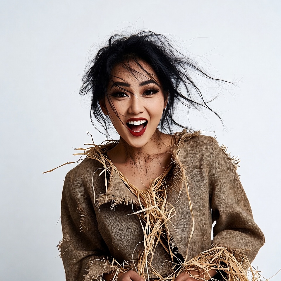Asian woman in ragged straw costume Asian woman in ragged straw costume