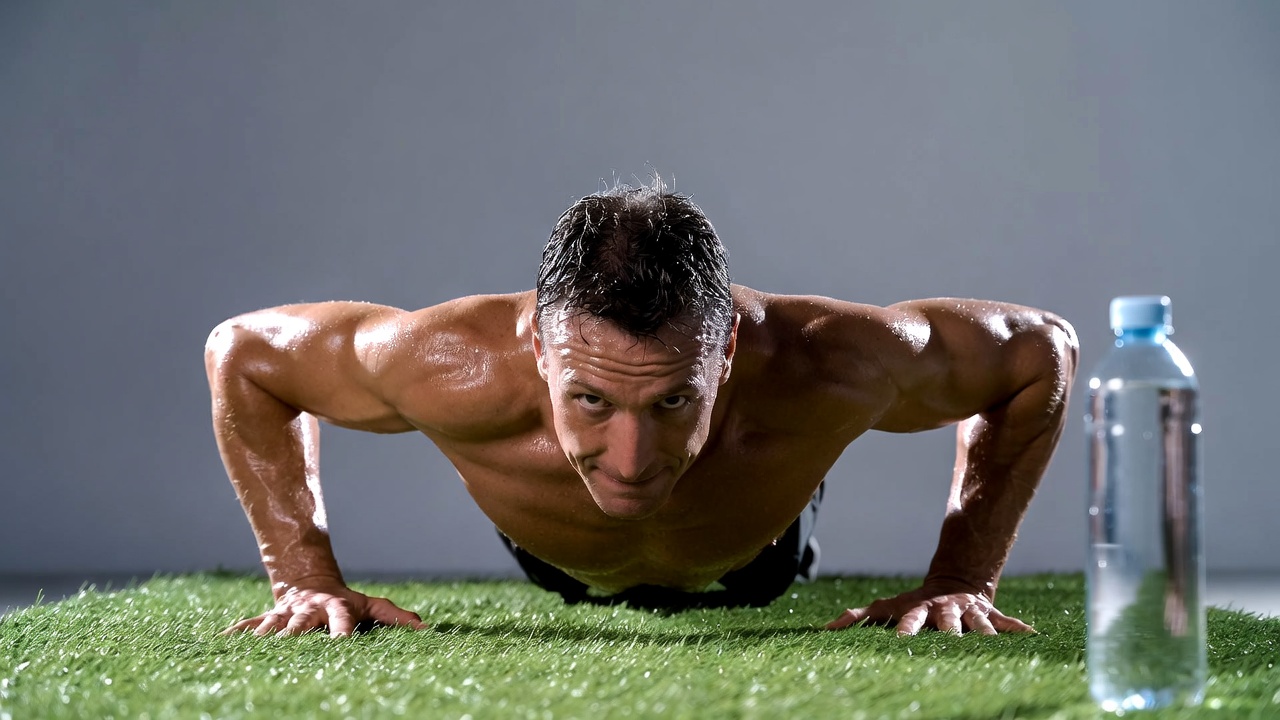 Muscular man doing pushups on grass Muscular man doing pushups on grass