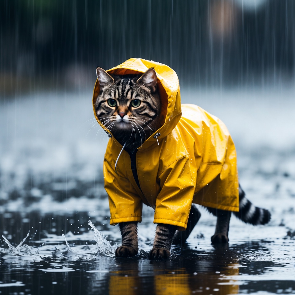 Tabby cat in yellow raincoat Tabby cat in yellow raincoat