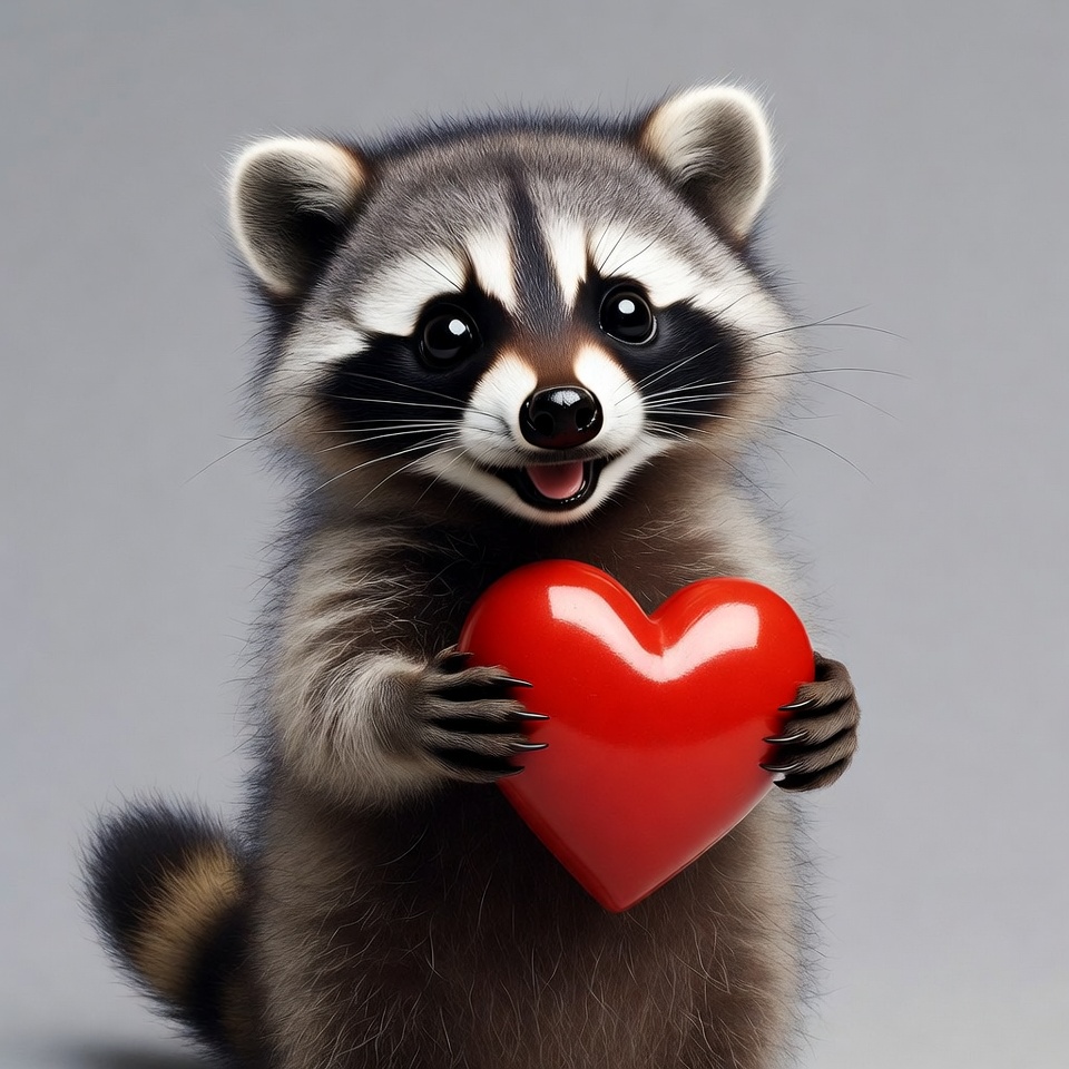 Cute raccoon holding red heart Cute raccoon holding red heart