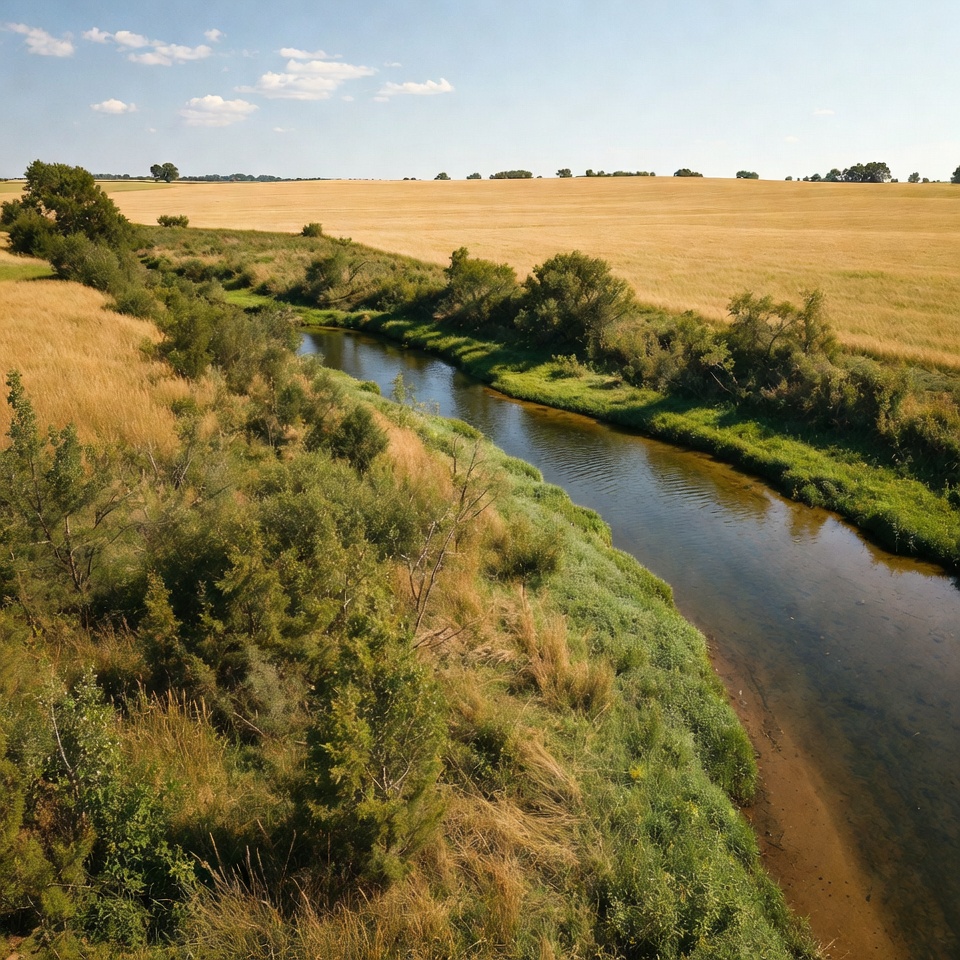 River winding through golden wheat fields River winding through golden wheat fields