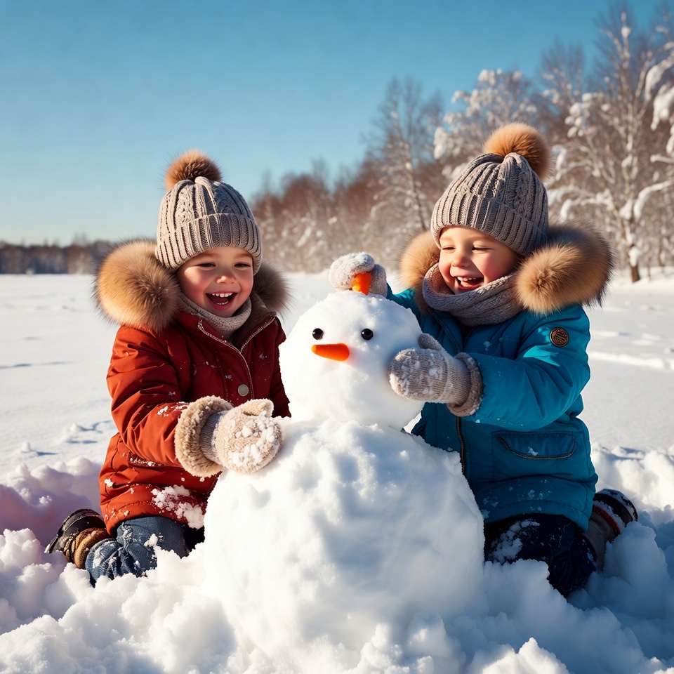 Two children building snowman outdoors Two children building snowman outdoors
