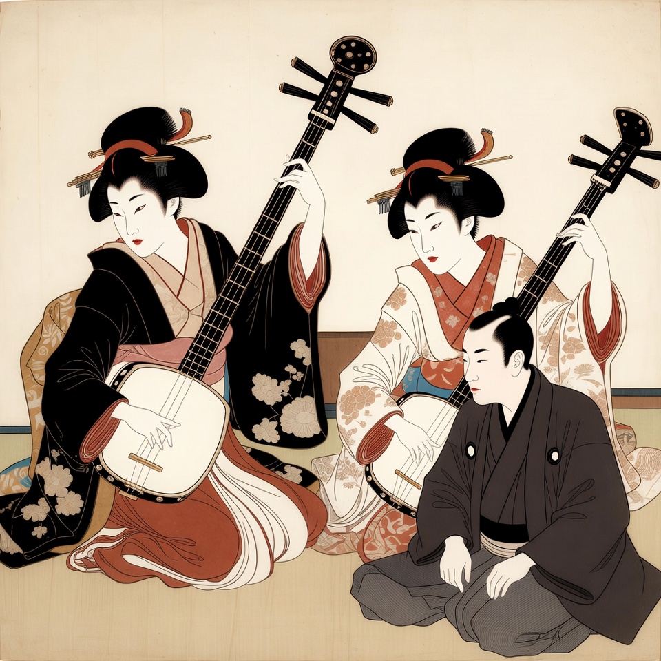 Geisha and man playing shamisen Geisha and man playing shamisen