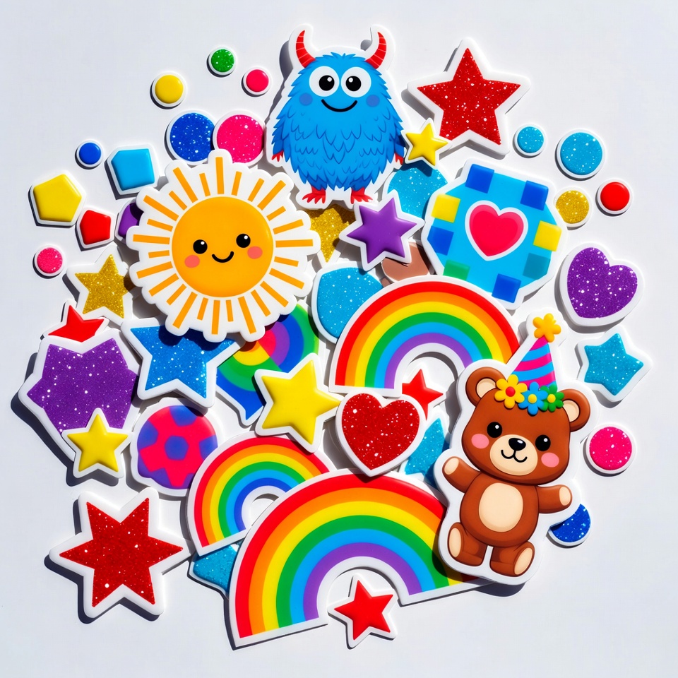 Colorful Stickers with Teddy Bear and Rainbow Colorful Stickers with Teddy Bear and Rainbow