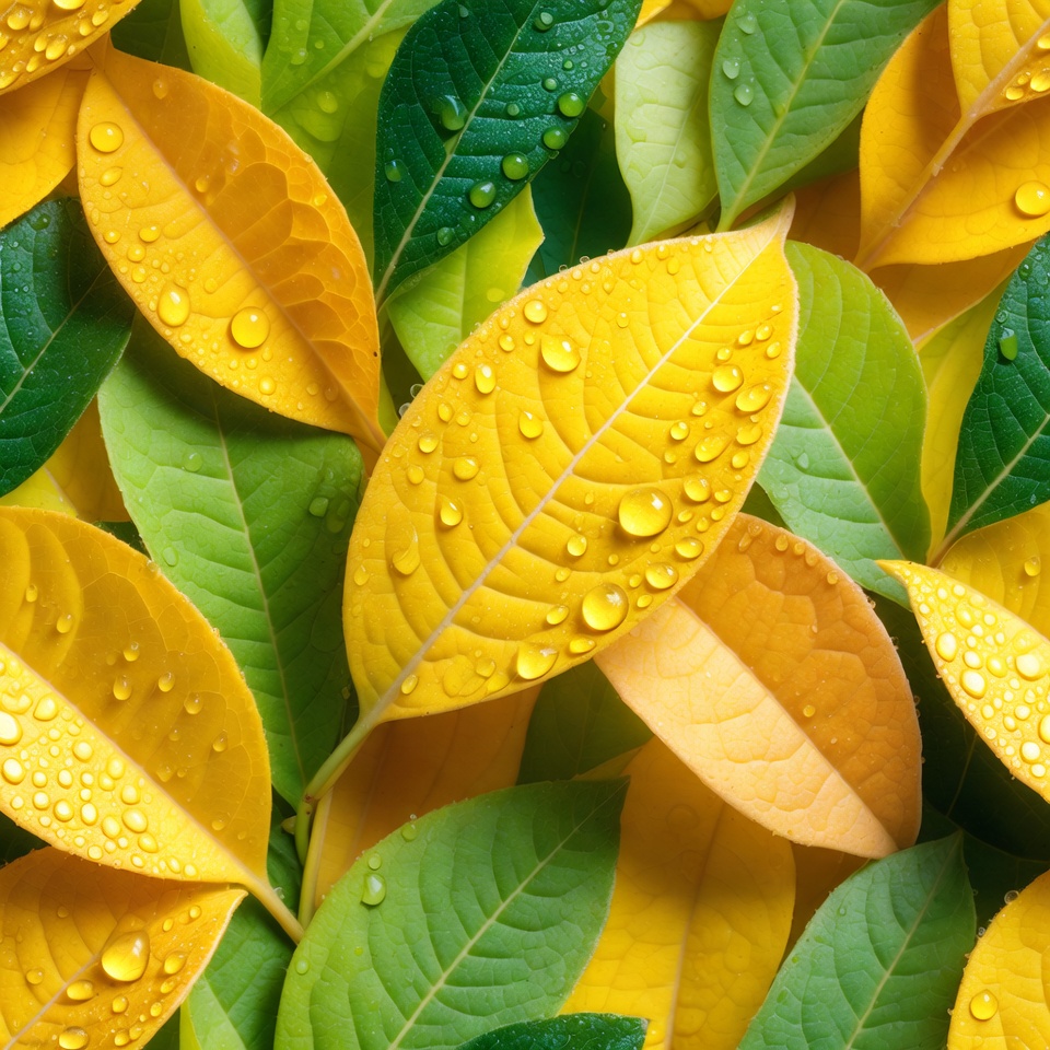 Green and Yellow Leaves with Water Droplets Green and Yellow Leaves with Water Droplets