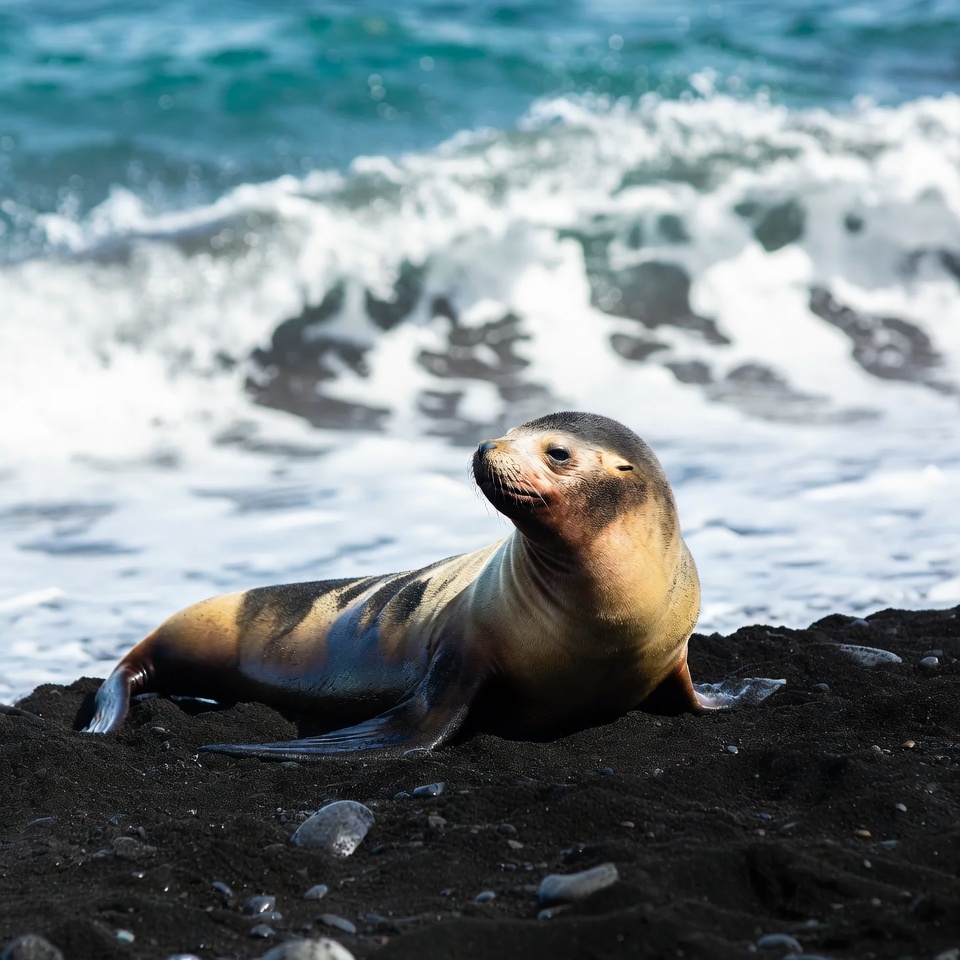Sea lion on black sand beach Sea lion on black sand beach