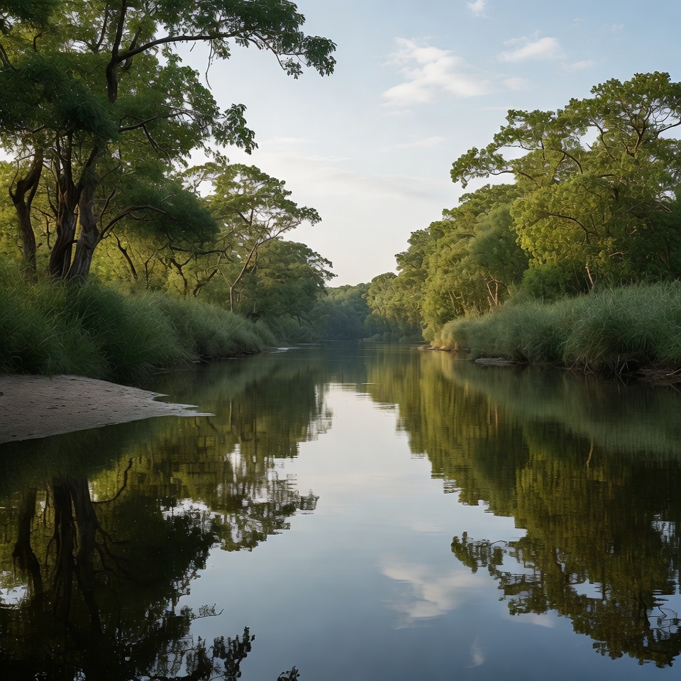 Serene River with Tree Reflections Serene River with Tree Reflections