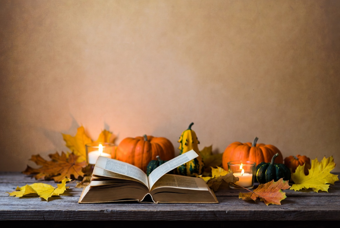 Open Book with Pumpkins and Autumn Leaves Open Book with Pumpkins and Autumn Leaves