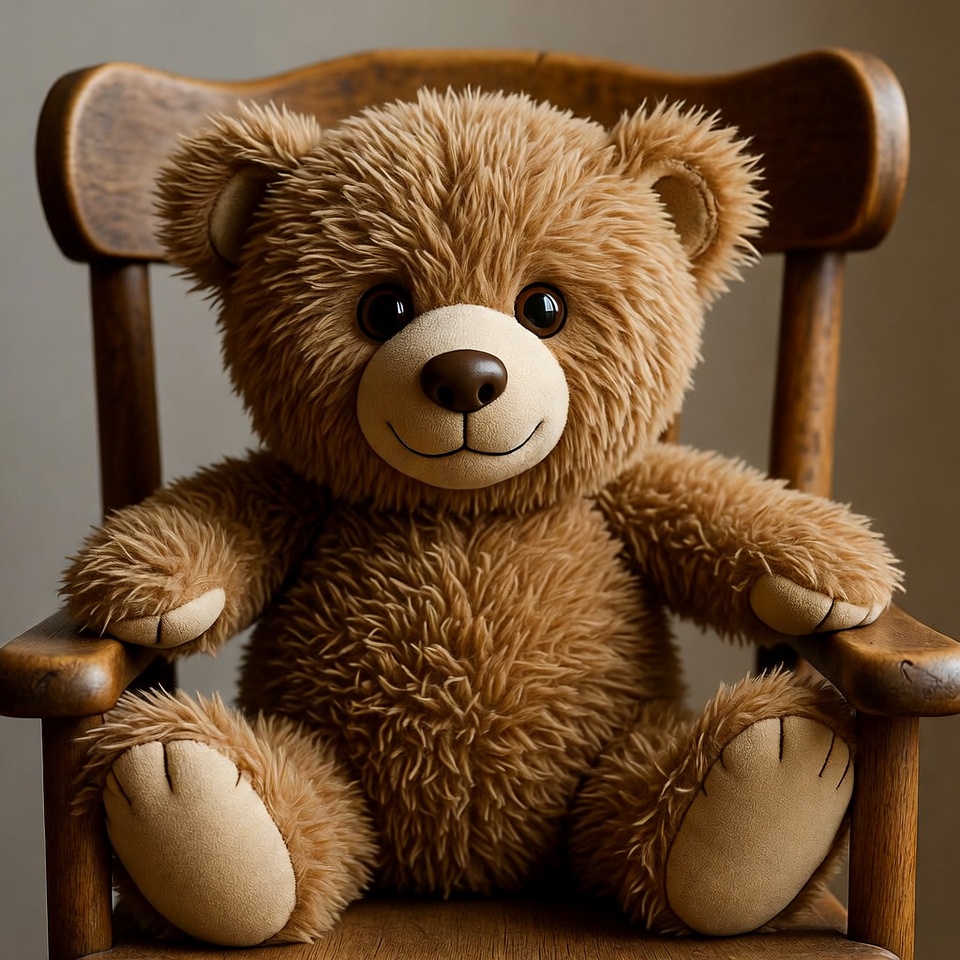 Teddy bear sitting in wooden chair Teddy bear sitting in wooden chair