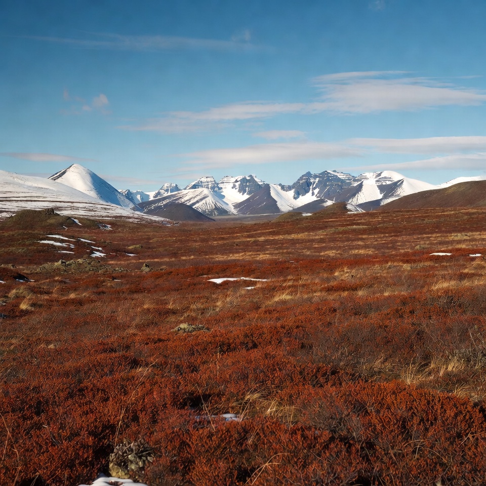 Snowy Mountains over Red Tundra Landscape Snowy Mountains over Red Tundra Landscape