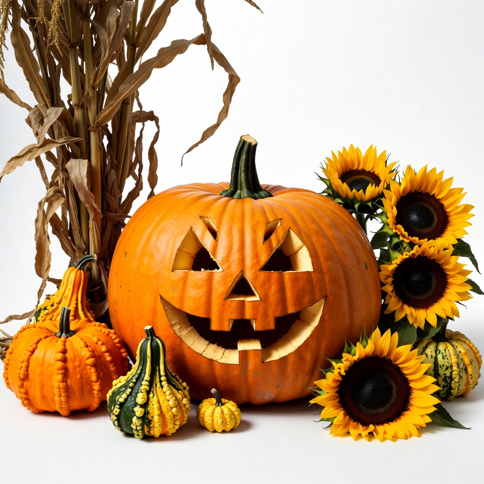 Jack-o'-lantern with cornstalks and sunflowers Jack-o'-lantern with cornstalks and sunflowers