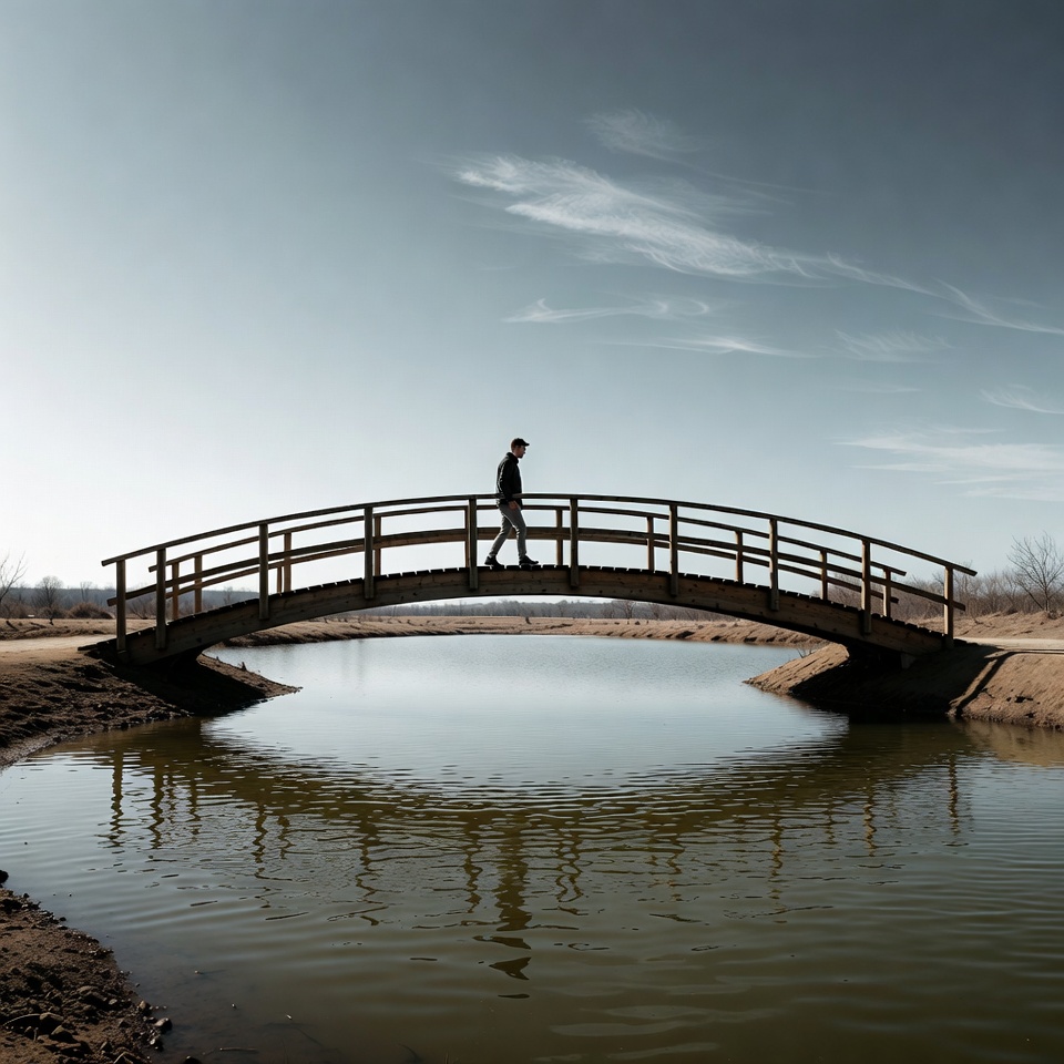 Man walking on wooden bridge over pond Man walking on wooden bridge over pond
