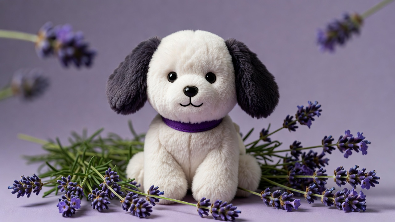 White puppy plush with lavender White puppy plush with lavender