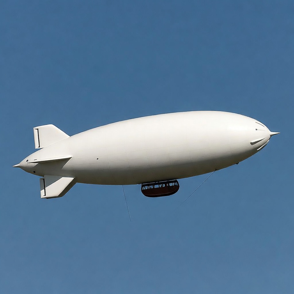 White blimp flying in blue sky White blimp flying in blue sky