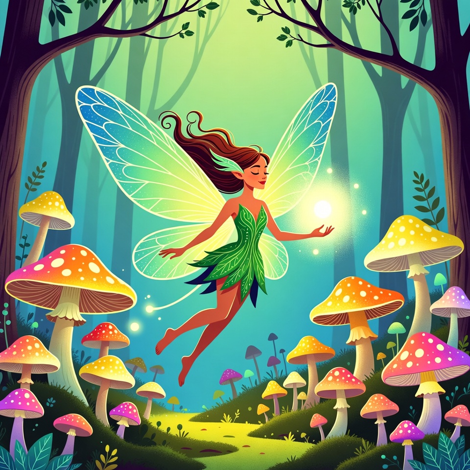 Fairy Holding Light in Mushroom Forest Fairy Holding Light in Mushroom Forest